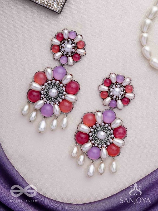 Laagnritt - Waltz Of The Flowers - Beads And Pearl Drops Hand Embroidered Oxidised Earrings