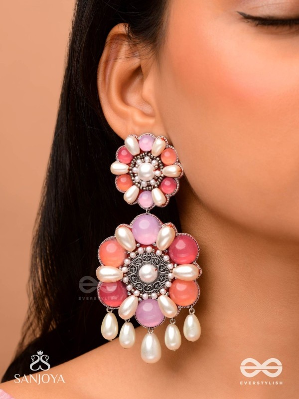 Laagnritt - Waltz Of The Flowers - Beads And Pearl Drops Hand Embroidered Oxidised Earrings