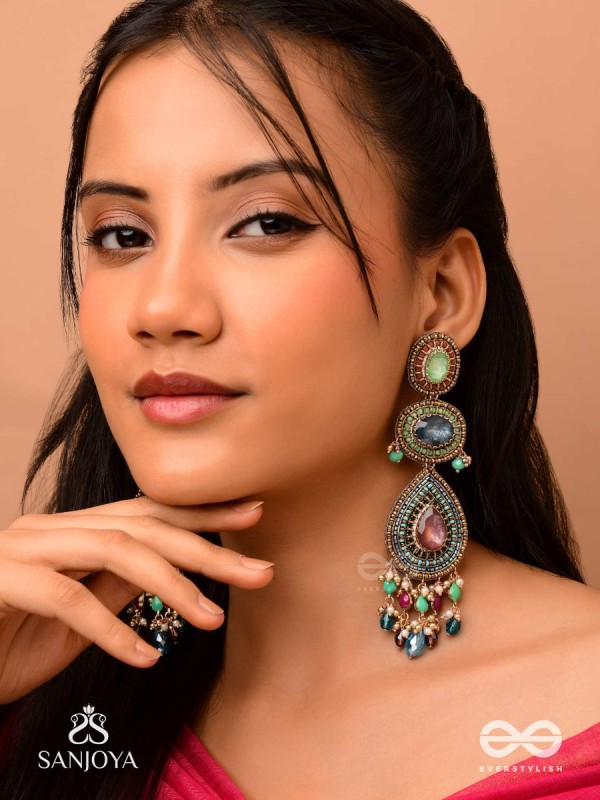 Adhirajani - The Night Stories - Stones, Beads And Glass Drops Hand Embroidered Earrings