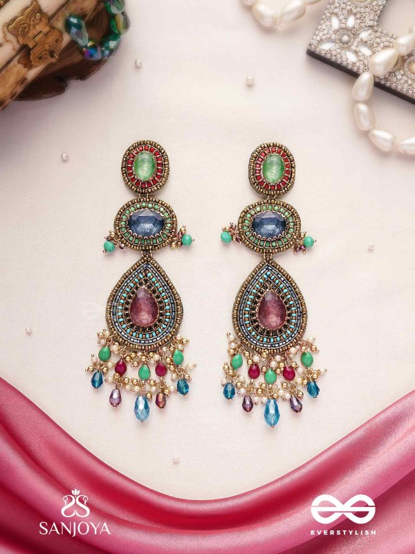 Adhirajani - The Night Stories - Stones, Beads And Glass Drops Hand Embroidered Earrings