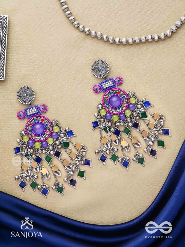 Bahushast - The Merry Sky - Beads And Shells Hand Embroidered Enamelled Oxidised Earrings