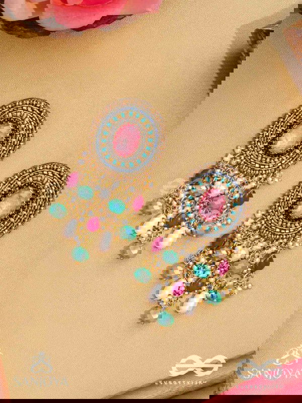 Prakhyaih - The Hazy Splendor - Stones, Beads And Pearl Drops Hand Embroidered Earrings