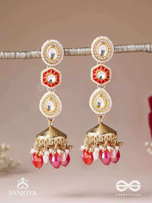 Suvarnmani - The Golden Gem –Golden enamel earrings adorned with gemstones and dangling beads