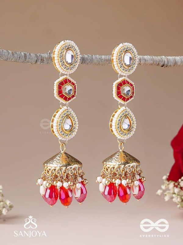 Suvarnmani - The Golden Gem –Golden enamel earrings adorned with gemstones and dangling beads