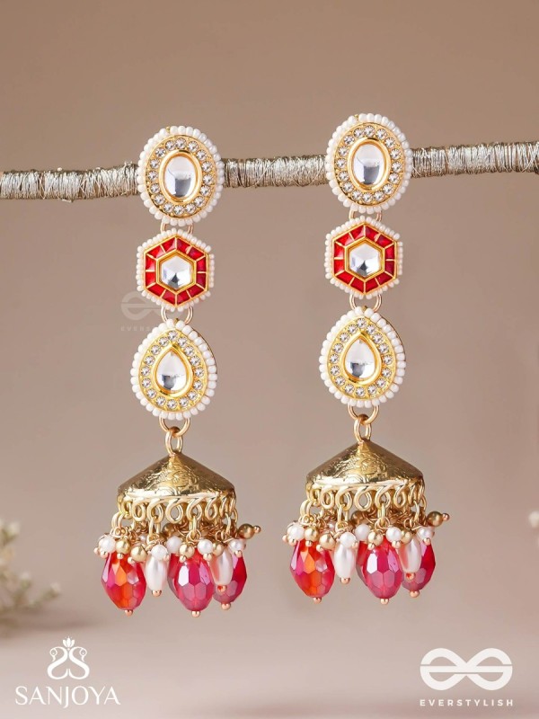 Suvarnmani - The Golden Gem –Golden enamel earrings adorned with gemstones and dangling beads