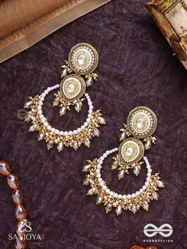 Suvarnkantika – Golden radiance – Gold toned, Kundan embellished earrings with pearl and bead danglers