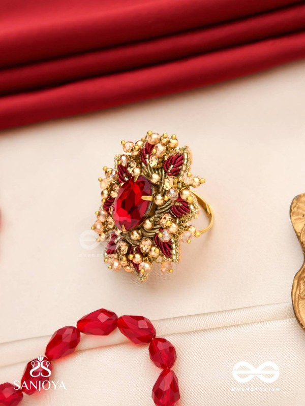 PRABHA - THE RADIANT RED DAISY - EMBROIDERED FLOWER DESIGN WITH CENTRAL RED STONE AND BEADS 