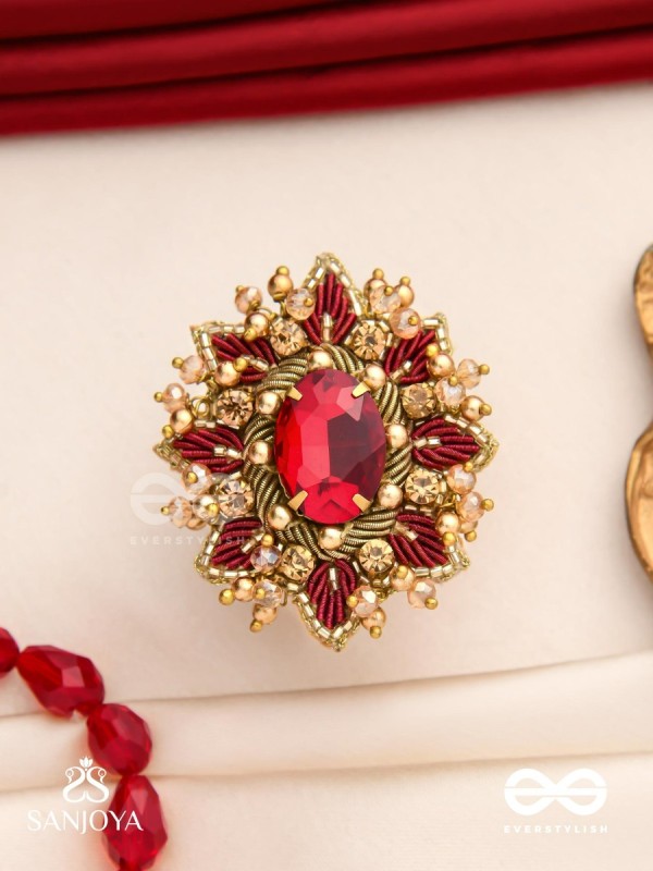 PRABHA - THE RADIANT RED DAISY - EMBROIDERED FLOWER DESIGN WITH CENTRAL RED STONE AND BEADS 