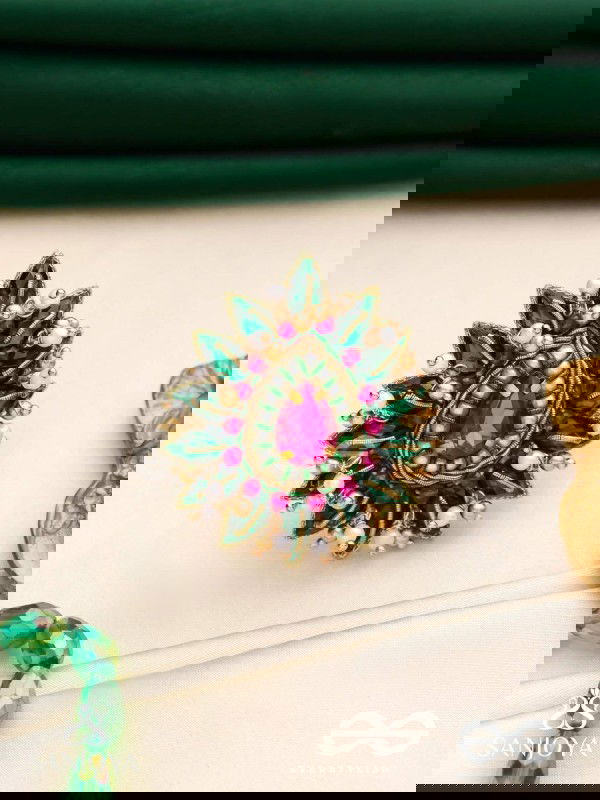 KANTARA - THE CHARM HOLDER - EMBROIDERED FLOWER DESIGN WITH PURPLE GEMSTONE AND PEARLS