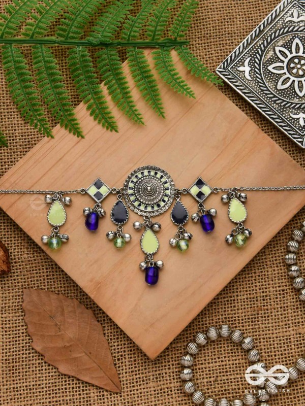 The Blue Stone - Embellished silver oxidized geometrical motif necklace