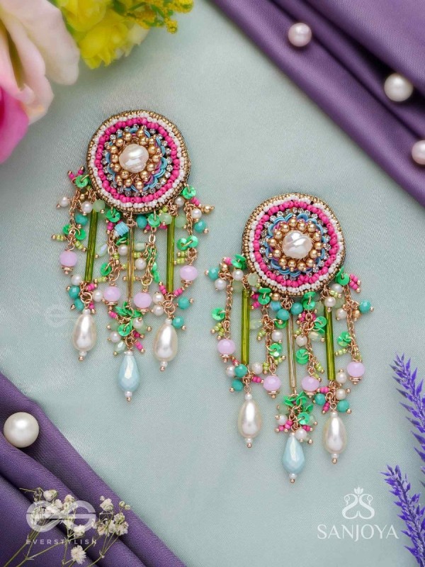 MANJUSUMANA - BEAUTIFUL BLOSSOM - HAND EMBROIDERED COLOURFUL EARRINGS WITH CIRCULAR MOTIF EMBELLISHED WITH BEADS AND DECORATIVE FRINGES