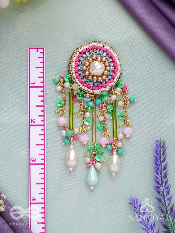 MANJUSUMANA - BEAUTIFUL BLOSSOM - HAND EMBROIDERED COLOURFUL EARRINGS WITH CIRCULAR MOTIF EMBELLISHED WITH BEADS AND DECORATIVE FRINGES