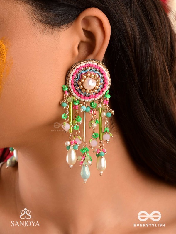 MANJUSUMANA - BEAUTIFUL BLOSSOM - HAND EMBROIDERED COLOURFUL EARRINGS WITH CIRCULAR MOTIF EMBELLISHED WITH BEADS AND DECORATIVE FRINGES