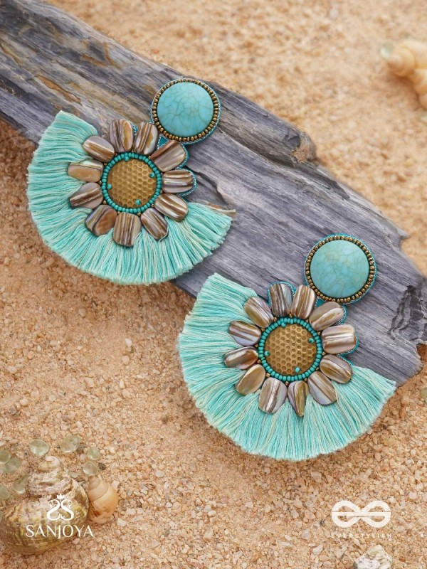 Vibhusitpuspa - the adorned flower - embroidered flower earrings with turquoise tassles