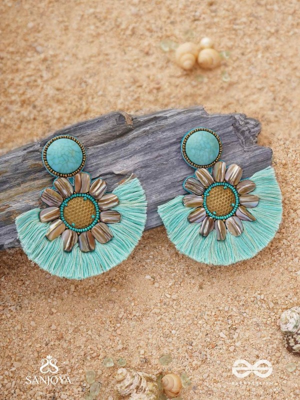 Vibhusitpuspa - the adorned flower - embroidered flower earrings with turquoise tassles