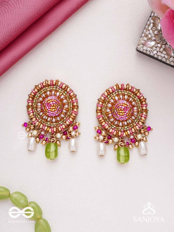 Māṇikyamāṇḍala- Gem Mandala-Circular motifs embellished with pink and golden accents, beads, and stones