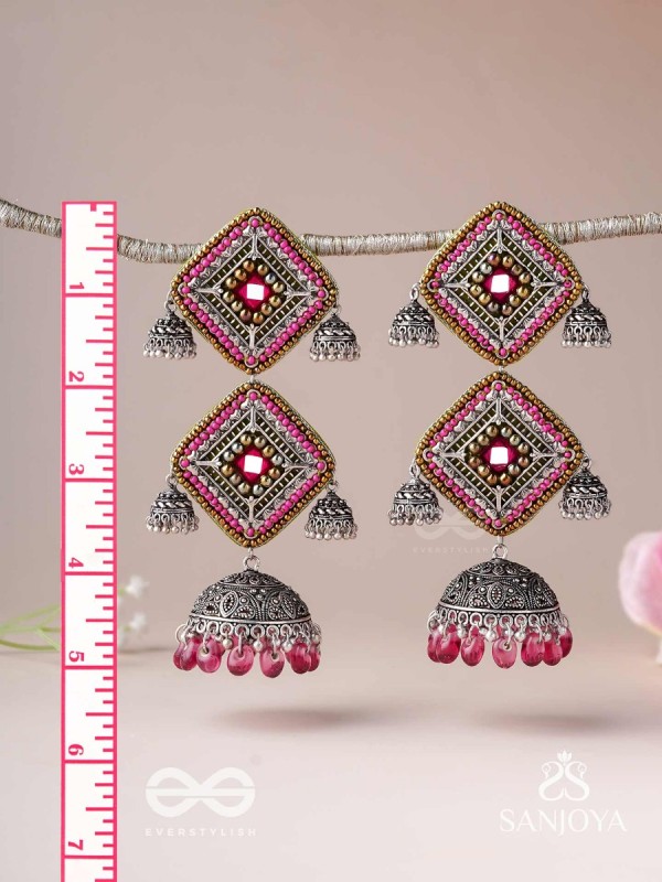 VISHRUTA-CELEBRATED ELEGANCE-STATEMENT OXIDISED JHUMKAS WITH MIRROR, BEADS AND THREAD WORK