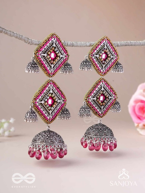 VISHRUTA-CELEBRATED ELEGANCE-STATEMENT OXIDISED JHUMKAS WITH MIRROR, BEADS AND THREAD WORK