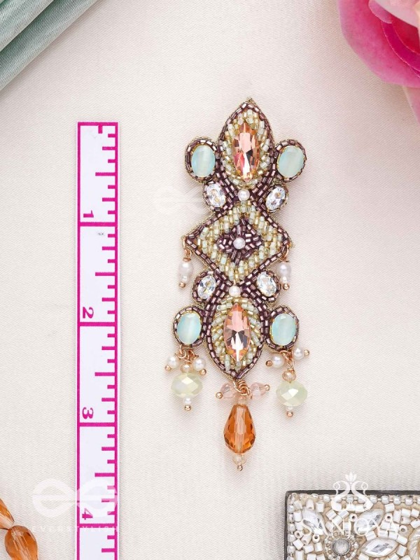 Shringarakundala-Ornamental Earrings-Turquoise and tangerine stones, embellished with Beads and Pearls.