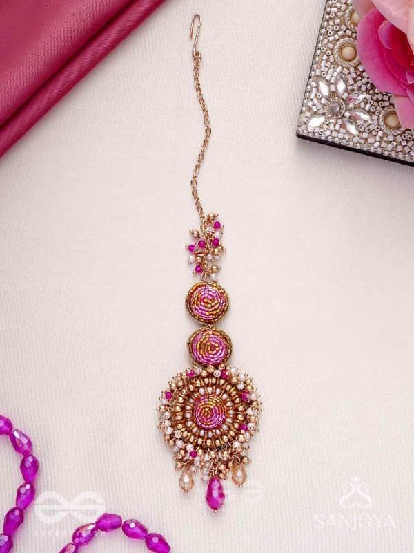 Rakta-Kumudini-Pink Lotus Blossom Hair accessory-Maangtika featuring elegant circular designs with Beads & Stones.
