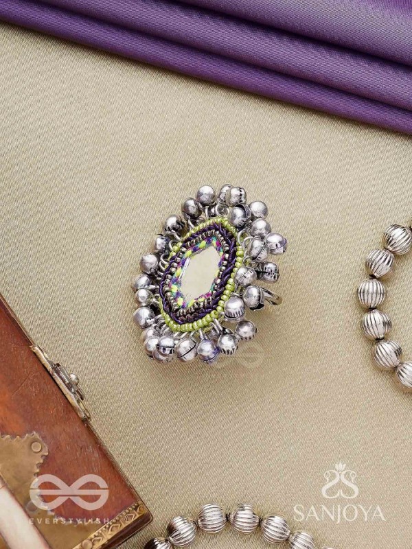 CHANDRA-KANTA-MOONLIT RADIANCE-EMBROIDERED OXIDISED RING WITH BEADS AND GHUNGROO