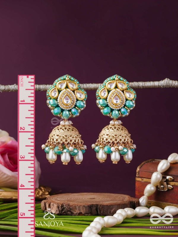 Sphārikā- Crystal Radiance-Jhumka earrings adorned with diamond shaped stones,beads and pearls of golden, white and turquoise accents
