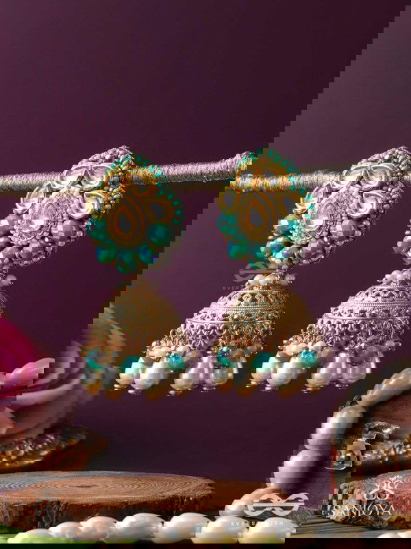 Sphārikā- Crystal Radiance-Jhumka earrings adorned with diamond shaped stones,beads and pearls of golden, white and turquoise accents