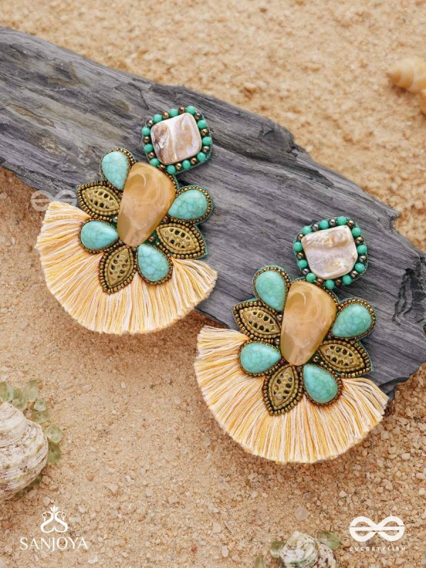 Kāñcīśikha-Tassel Glow Earrings-Blend of gemstones,beads and bohemian macramé fringes for a free-spirited look.
