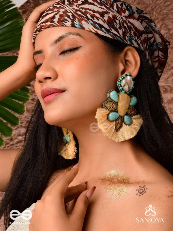 Kāñcīśikha-Tassel Glow Earrings-Blend of gemstones,beads and bohemian macramé fringes for a free-spirited look.