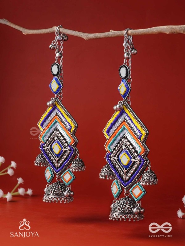 Pratibimbā-Reflective Jhumka-Brick stitch pattern earrings with geometric mirror inlays, thread work and jhumkas.