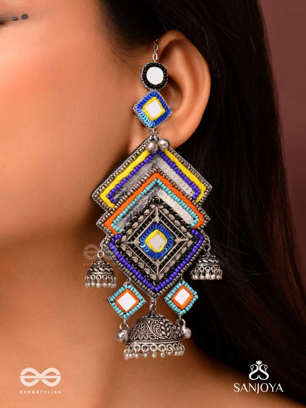 Pratibimbā-Reflective Jhumka-Brick stitch pattern earrings with geometric mirror inlays, thread work and jhumkas.