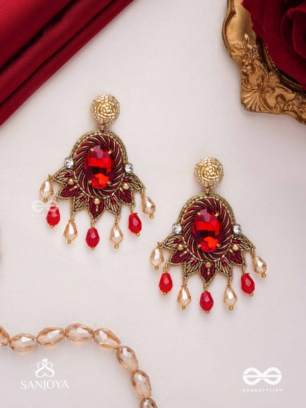 RAKTAVARNA-RED HUE HAND-EMBROIDERED EARRINGS IN RED AND GOLD TONES, FEATURING STONES, GLASS BEADS, AND INTRICATE RESHAM THREAD WORK