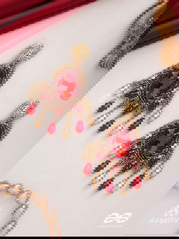 RAKTAVARNA-RED HUE HAND-EMBROIDERED EARRINGS IN RED AND GOLD TONES, FEATURING STONES, GLASS BEADS, AND INTRICATE RESHAM THREAD WORK