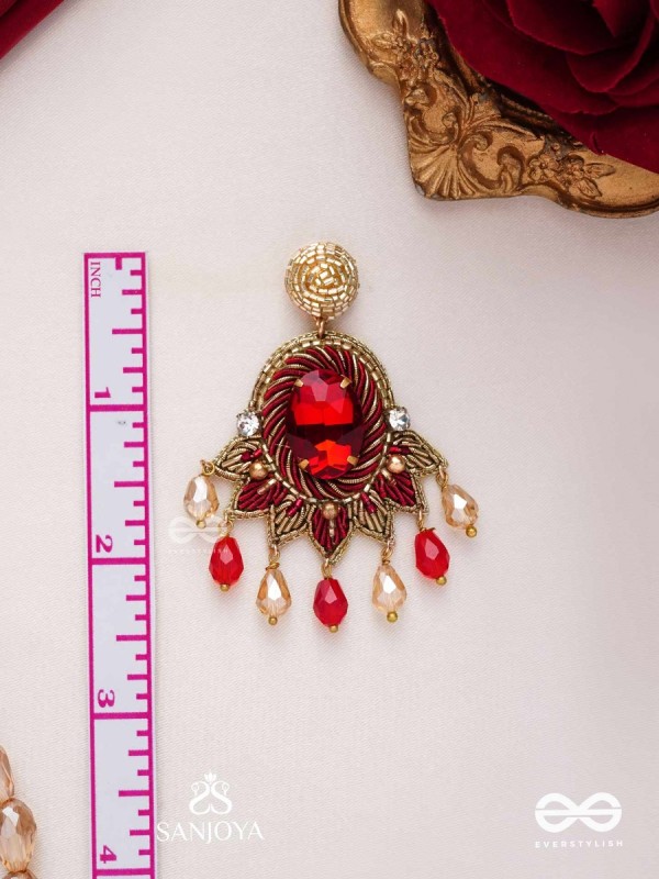 RAKTAVARNA-RED HUE HAND-EMBROIDERED EARRINGS IN RED AND GOLD TONES, FEATURING STONES, GLASS BEADS, AND INTRICATE RESHAM THREAD WORK