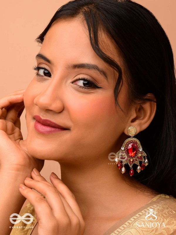 RAKTAVARNA-RED HUE HAND-EMBROIDERED EARRINGS IN RED AND GOLD TONES, FEATURING STONES, GLASS BEADS, AND INTRICATE RESHAM THREAD WORK