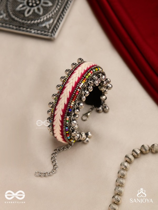 SHAKHAABANDHA- BRANCH BIND- OXIDIZED HAND EMBROIDERED BRACELET, THREAD WORK ACCENTED WITH GHUNGROO AND BEADS