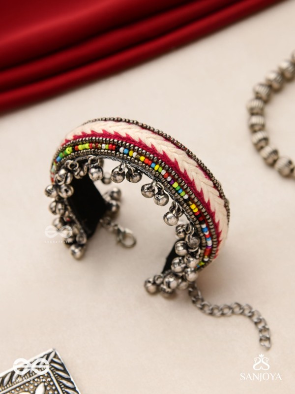 SHAKHAABANDHA- BRANCH BIND- OXIDIZED HAND EMBROIDERED BRACELET, THREAD WORK ACCENTED WITH GHUNGROO AND BEADS