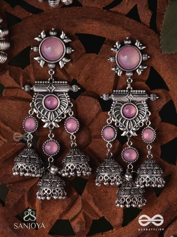 VIJAYAMUKTA-VICTORY PEARLS- REGAL OXIDIZED EARRINGS WITH A CENTRAL PURPLE STONE AND LAYERED JHUMKAS