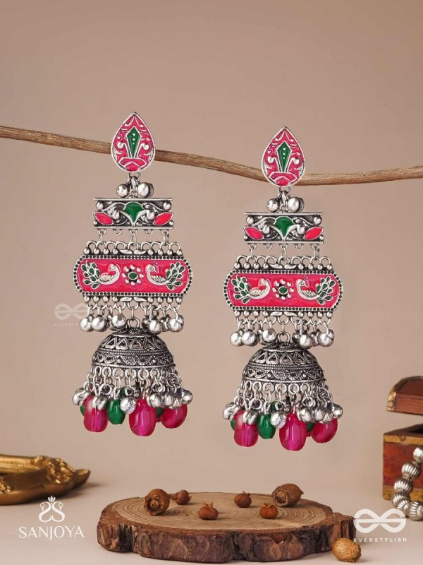 VAJRASHRINGARA-DIAMOND ADORNMENT-ENAMELLED OXIDISED MOTIFS SET ON SILVER METALWORK, EMBELLISHED WITH GLOSSY BEADS AND JHUMKAS