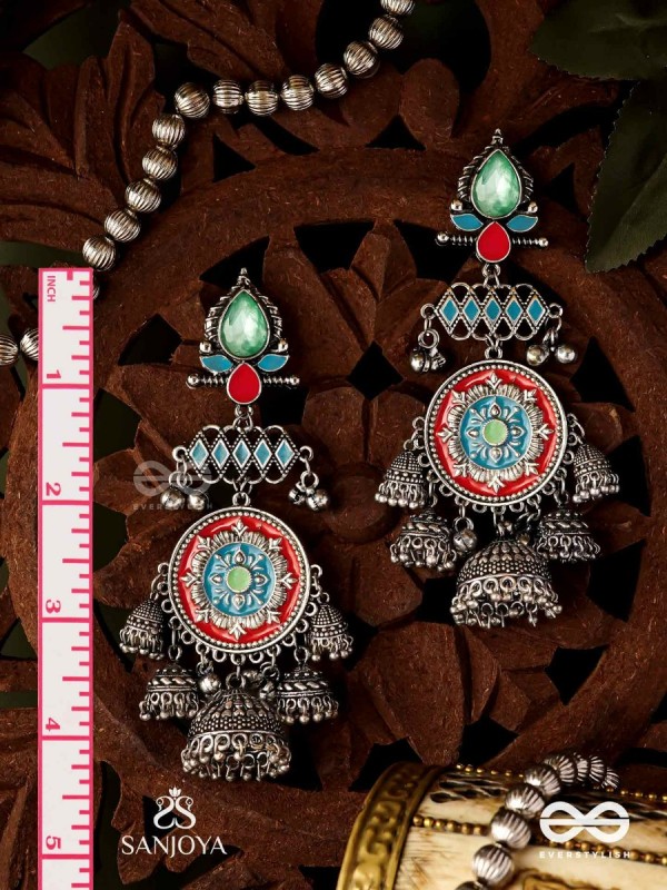  ADITYARATNA-SUN GEM- RADIANT EARRINGS WITH DETAILED METALWORK SET IN PASTEL TONE FEATURING STONE AND JHUMKAS