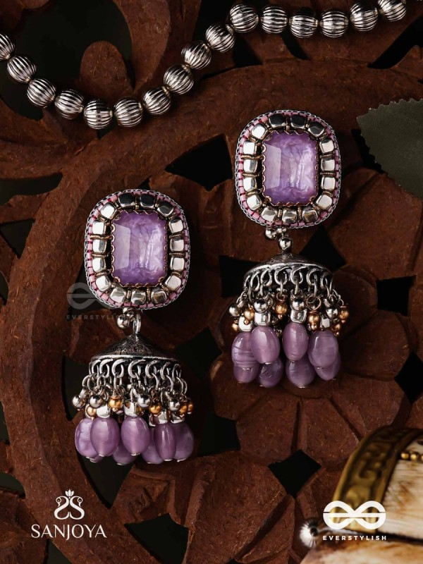  AMRITAMANJARI-NECTAR CLUSTER- EMBROIDERED LAVENDAR JHUMKA EARRINGS ADORNED WITH STONES AND BEADS