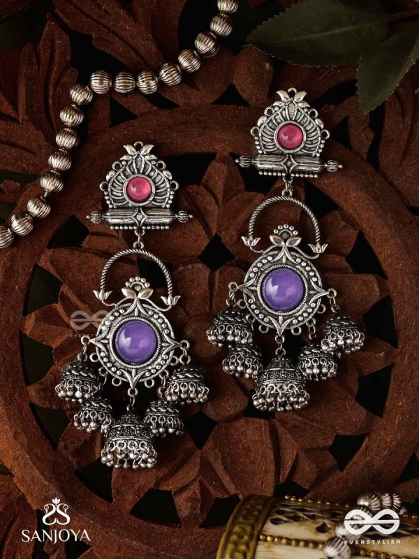  NEELADHARA-BLUE STREAM-OXIDIZED EARRINGS COMPLEMENTED BY STONES, BEADS AND DANGLING JHUMKAS