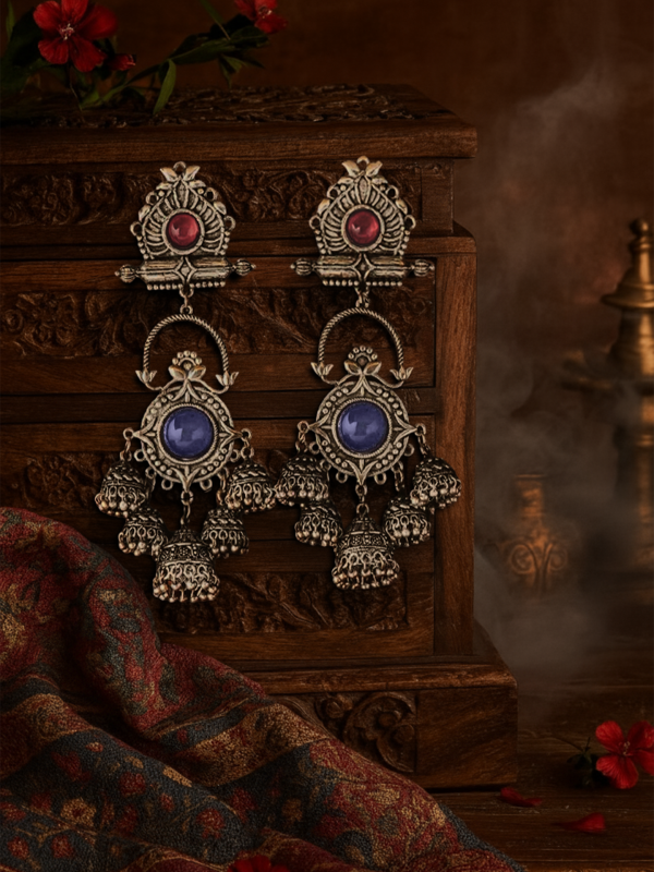  NEELADHARA-BLUE STREAM-OXIDIZED EARRINGS COMPLEMENTED BY STONES, BEADS AND DANGLING JHUMKAS