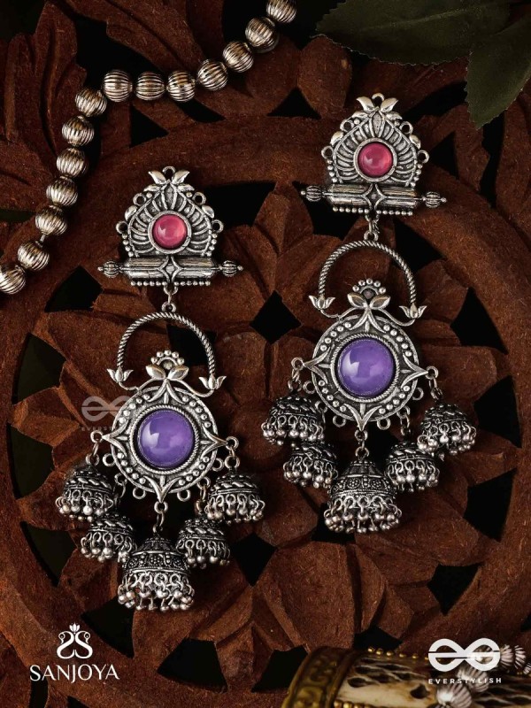  NEELADHARA-BLUE STREAM-OXIDIZED EARRINGS COMPLEMENTED BY STONES, BEADS AND DANGLING JHUMKAS