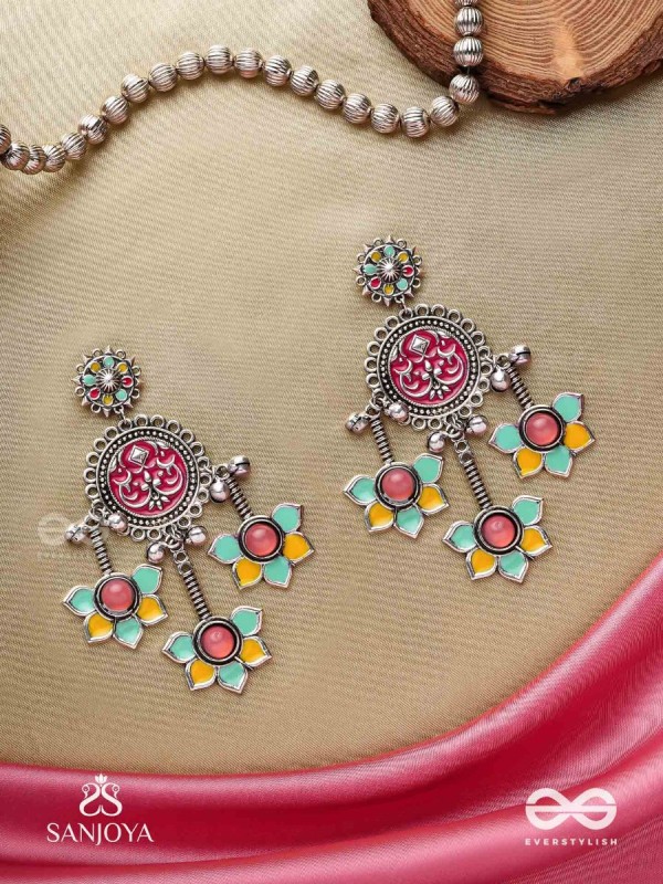  SHAHIPUSHP- ROYAL BLOSSOM- ENAMELLED EARRINGS WITH MULTI COLOURED STONES SET IN SILVER TONED METAL