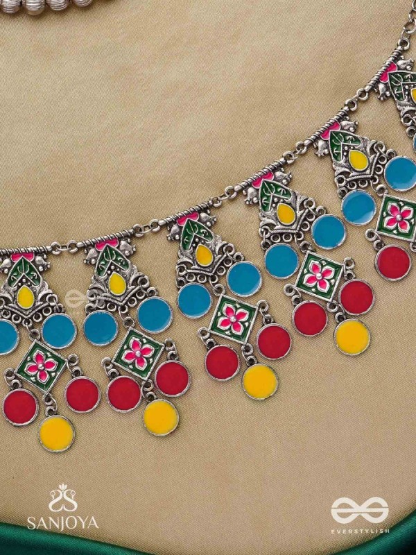 Manjari- Blossom Chain-Slender metallic chain with cascade of enamel designs.