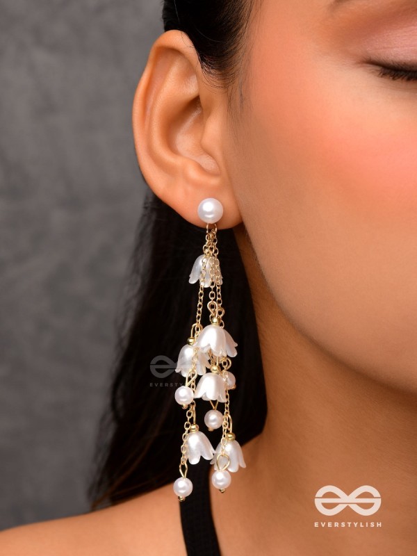 Strings of promise - Metallic dangling white rose earrings  