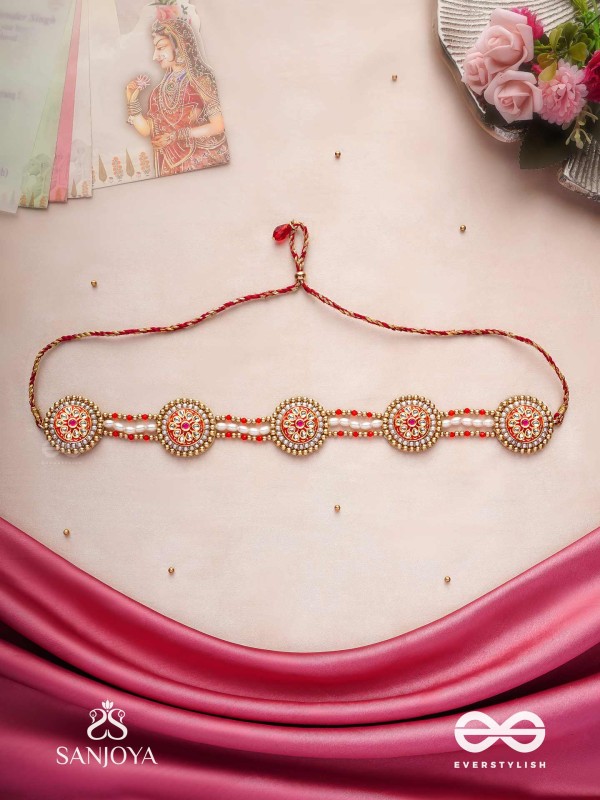 KUSUMAVALI - ROW OF FLOWERS - GOLDEN CIRCLES, PEARLS, RED DROPS AND KUNDAN HAND EMBROIDERED MATHAPATTI