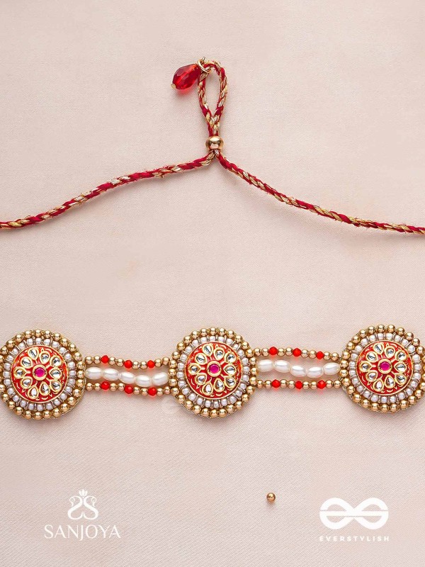 KUSUMAVALI - ROW OF FLOWERS - GOLDEN CIRCLES, PEARLS, RED DROPS AND KUNDAN HAND EMBROIDERED MATHAPATTI