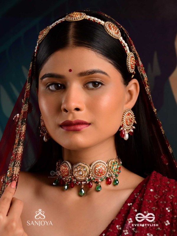 KUSUMAVALI - ROW OF FLOWERS - GOLDEN CIRCLES, PEARLS, RED DROPS AND KUNDAN HAND EMBROIDERED MATHAPATTI